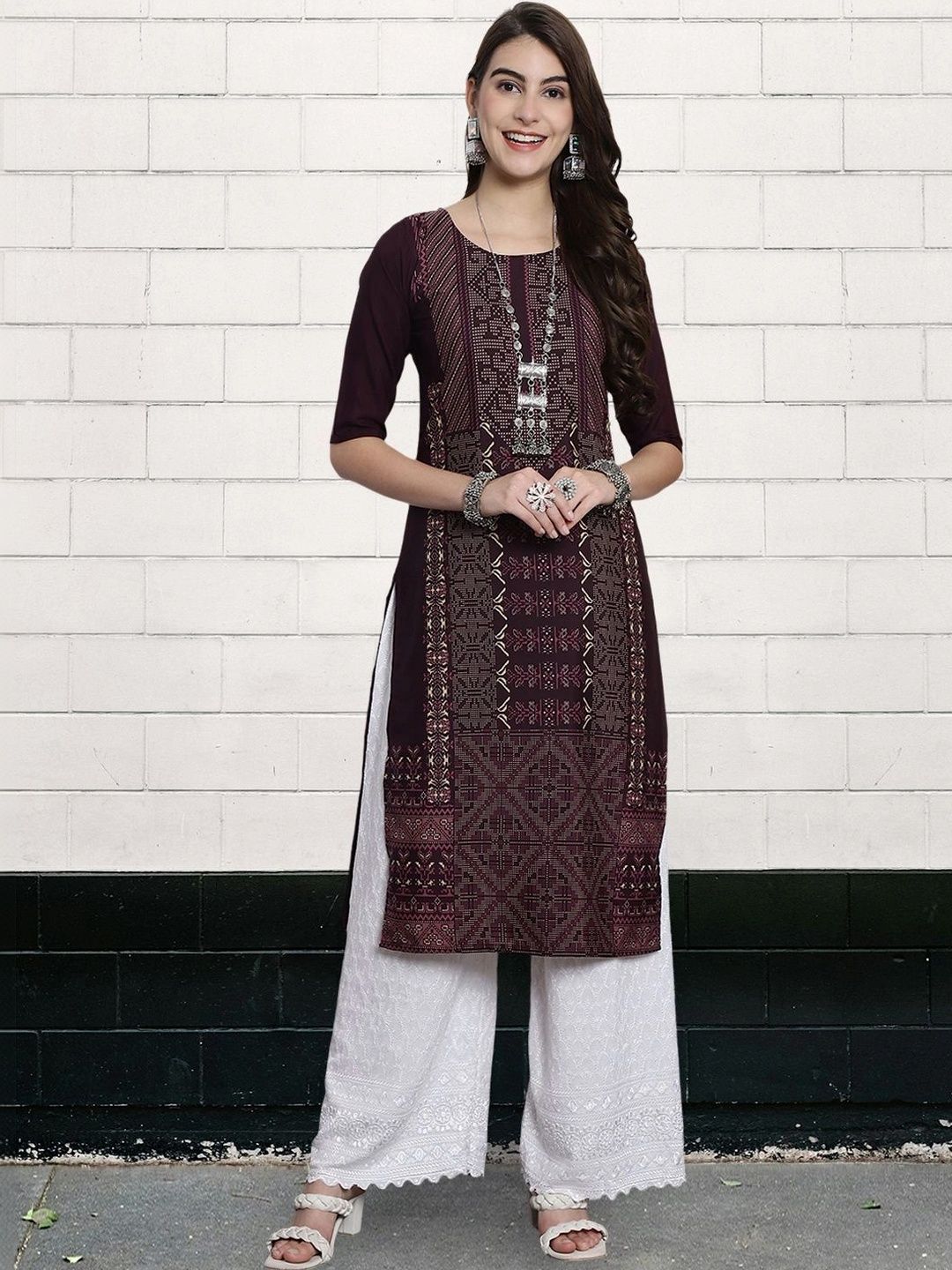 HERE&NOW Women Geometric Printed Crepe Kurta-picture-38