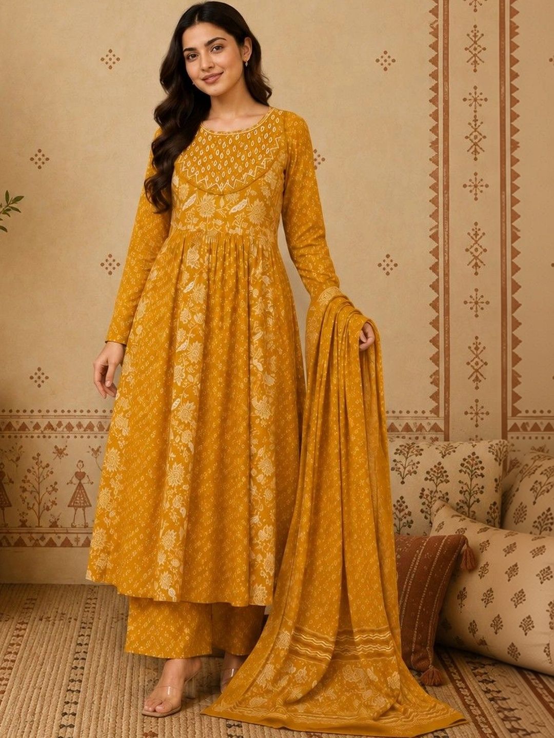 Sangria Women Ethnic Motifs Printed Empire Pure Cotton Kurta with Palazzos & With Dupatta-picture-17