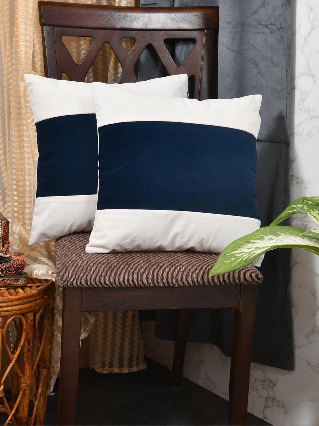 Aura Blue & White Set of 5 Colourblocked Velvet Square Cushion Covers-image-46