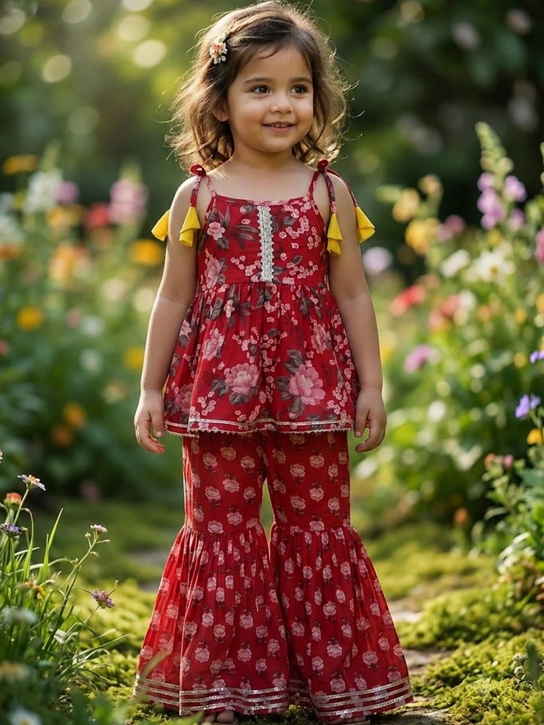 SAKA DESIGNS Girls Floral Printed Regular Pure Cotton Top with Sharara-picture-18