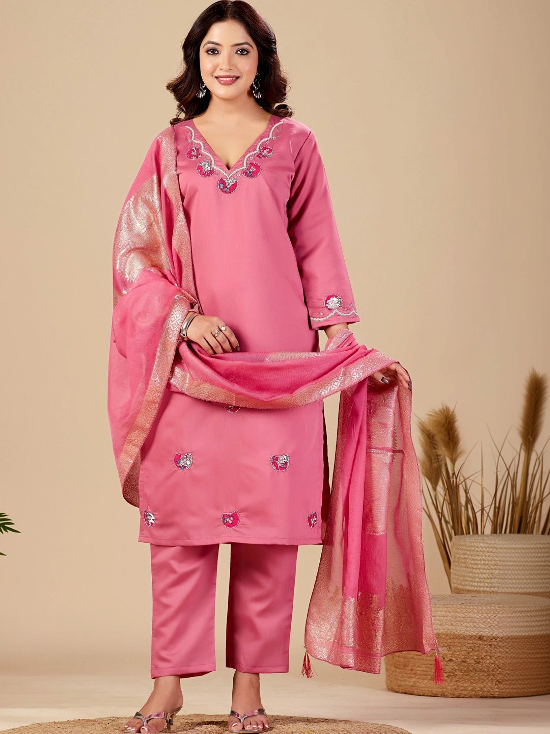 HERE&NOW Women Ethnic Motifs Embroidered Regular Thread Work Kurta with Trousers & With Dupatta-picture-33