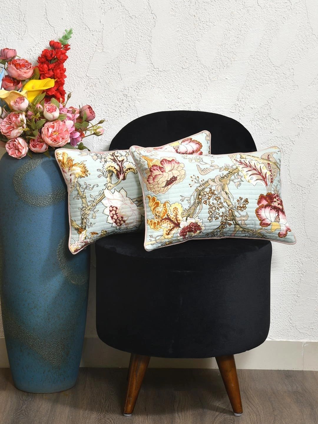 Myntra Elegant Homes Multicoloured & Green Set of 2 Floral Rectangle Cushion Covers-picture-54