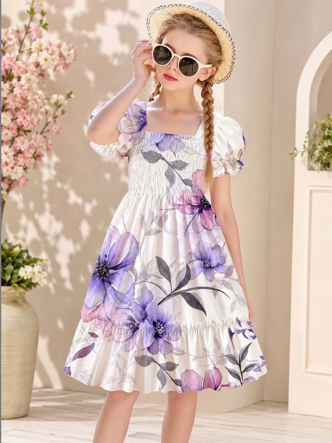 BAESD Floral Print Puff Sleeve Ruffled A-Line Dress-picture-53