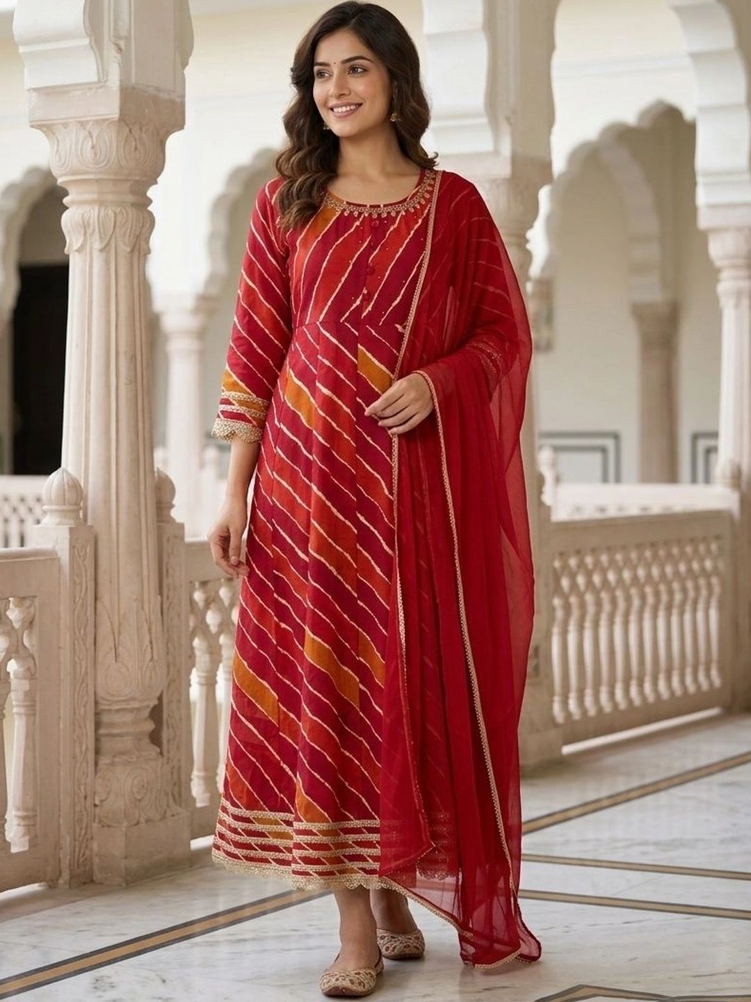 HERE&NOW Women Leheriya Dyed Panelled Kurta with Trousers & With Dupatta-picture-29