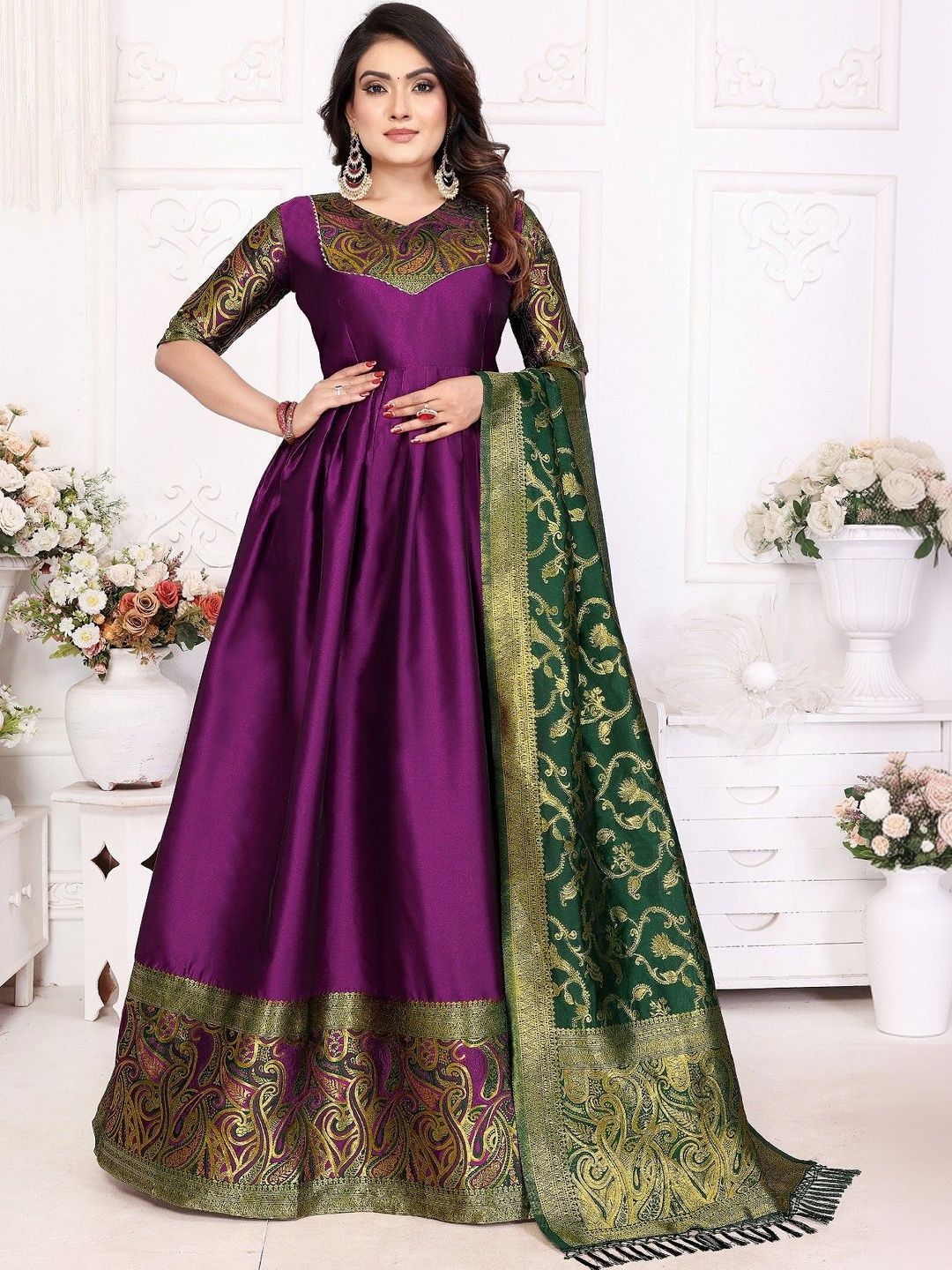Kinjhit Fashion Woven Design V-Neck Gown Ethnic Dresses With Dupatta-picture-17