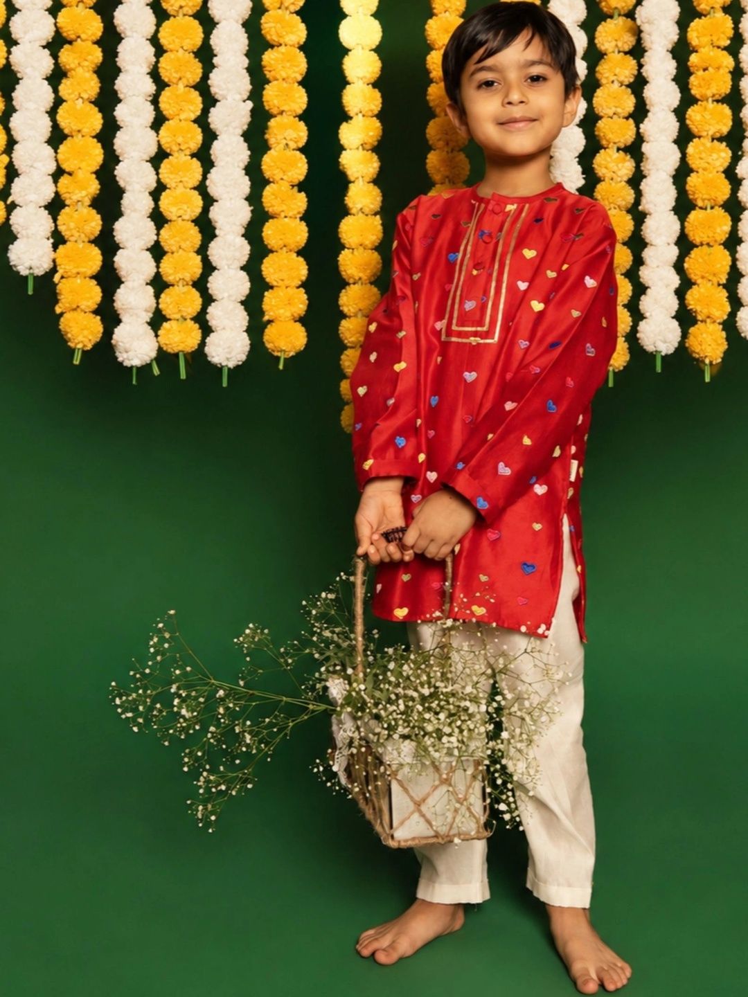DULAAR Unisex Kids Embroidered Regular Gotta Patti Pure Silk Kurta with Pyjamas-image-47