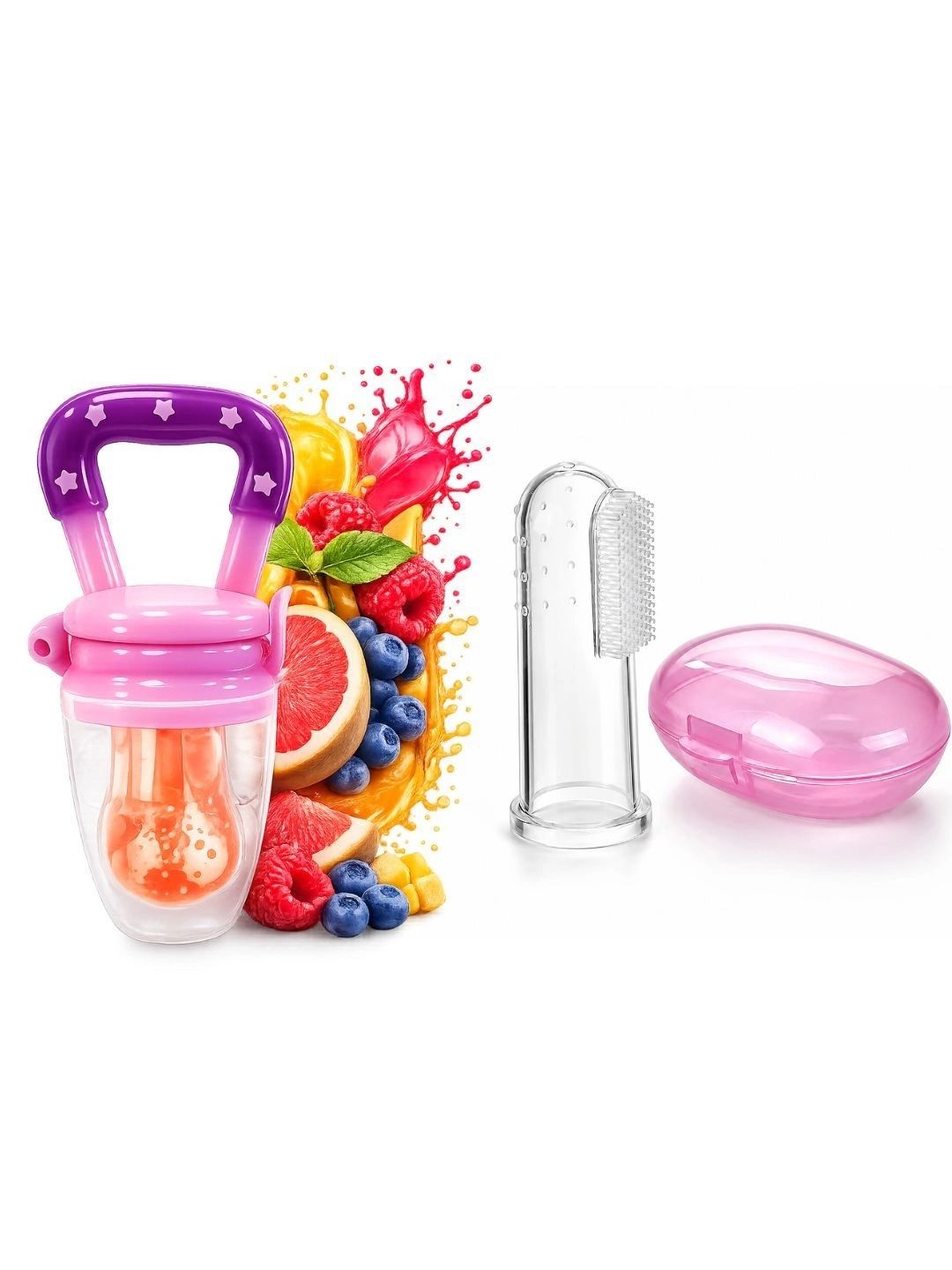 Crescent Infants Set Of 2 Transparent Food-Grade Fruit Food Feeder Nibbler & Finger Brush-picture-53