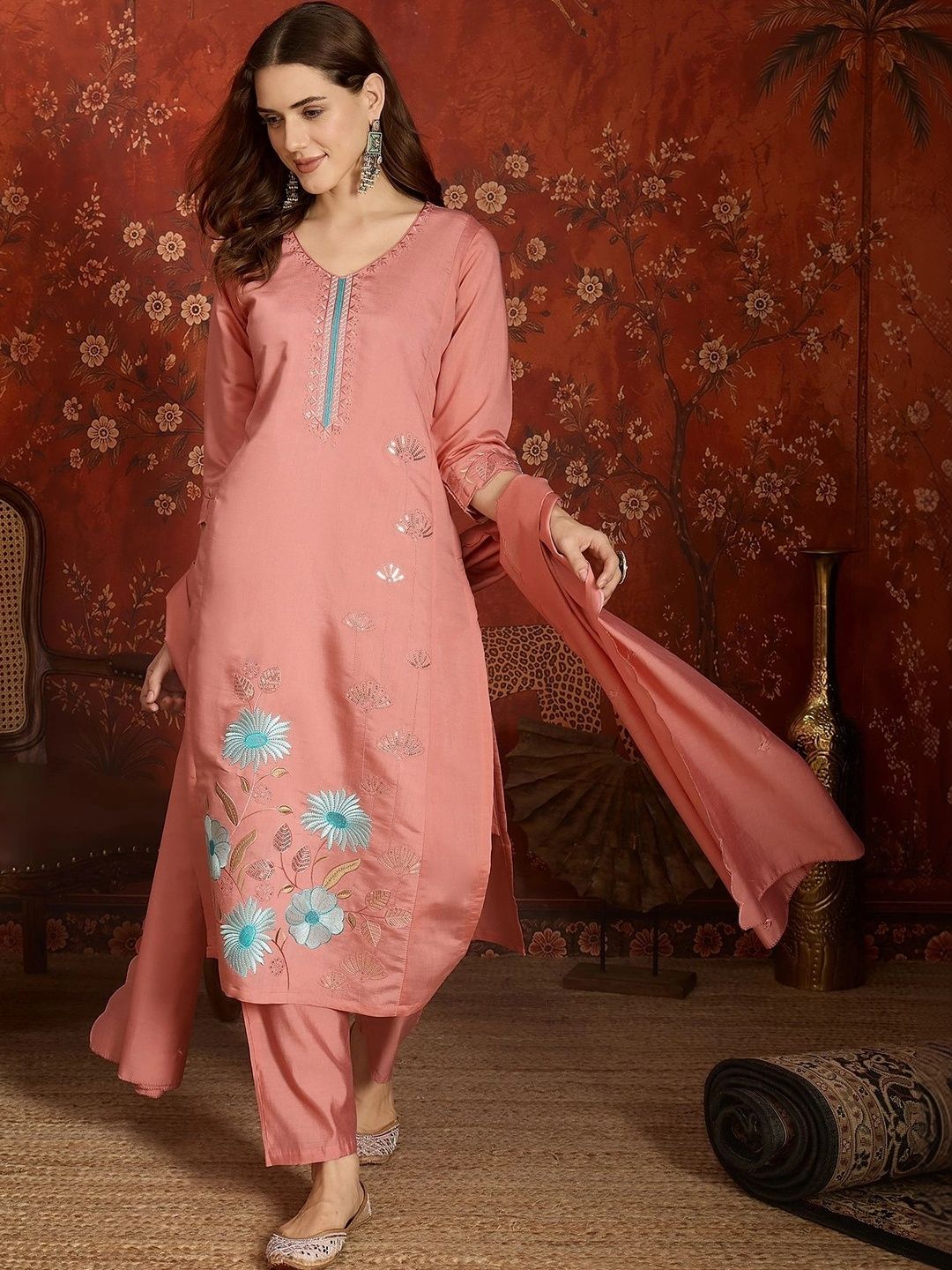 Maroosh Women Floral Embroidered Regular Thread Work Kurta with Palazzos & With Dupatta-picture-7