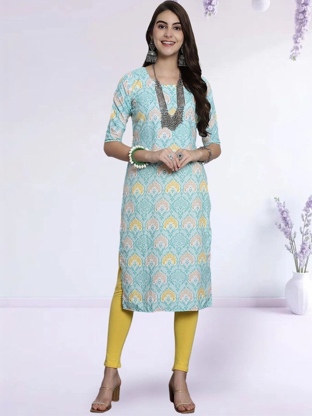HERE&NOW Women Ethnic Motifs Printed Indie Prints Crepe Kurta-picture-19