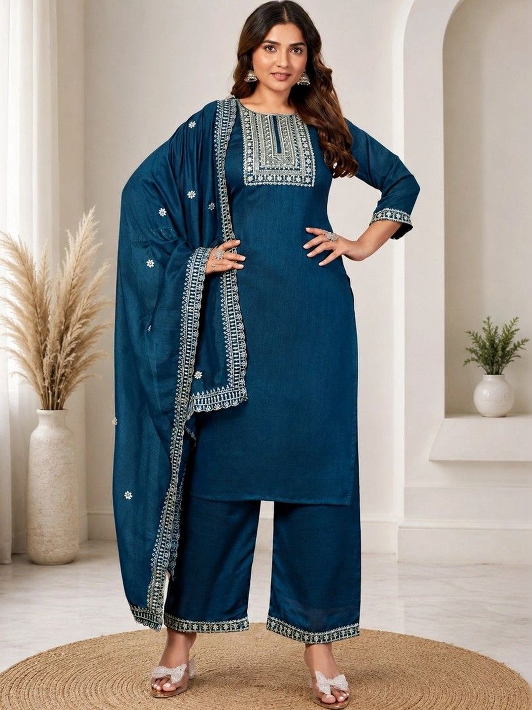 Ethnic Motifs Embroidered Regular Thread Work Kurta with Palazzos & With Dupatta-image-2