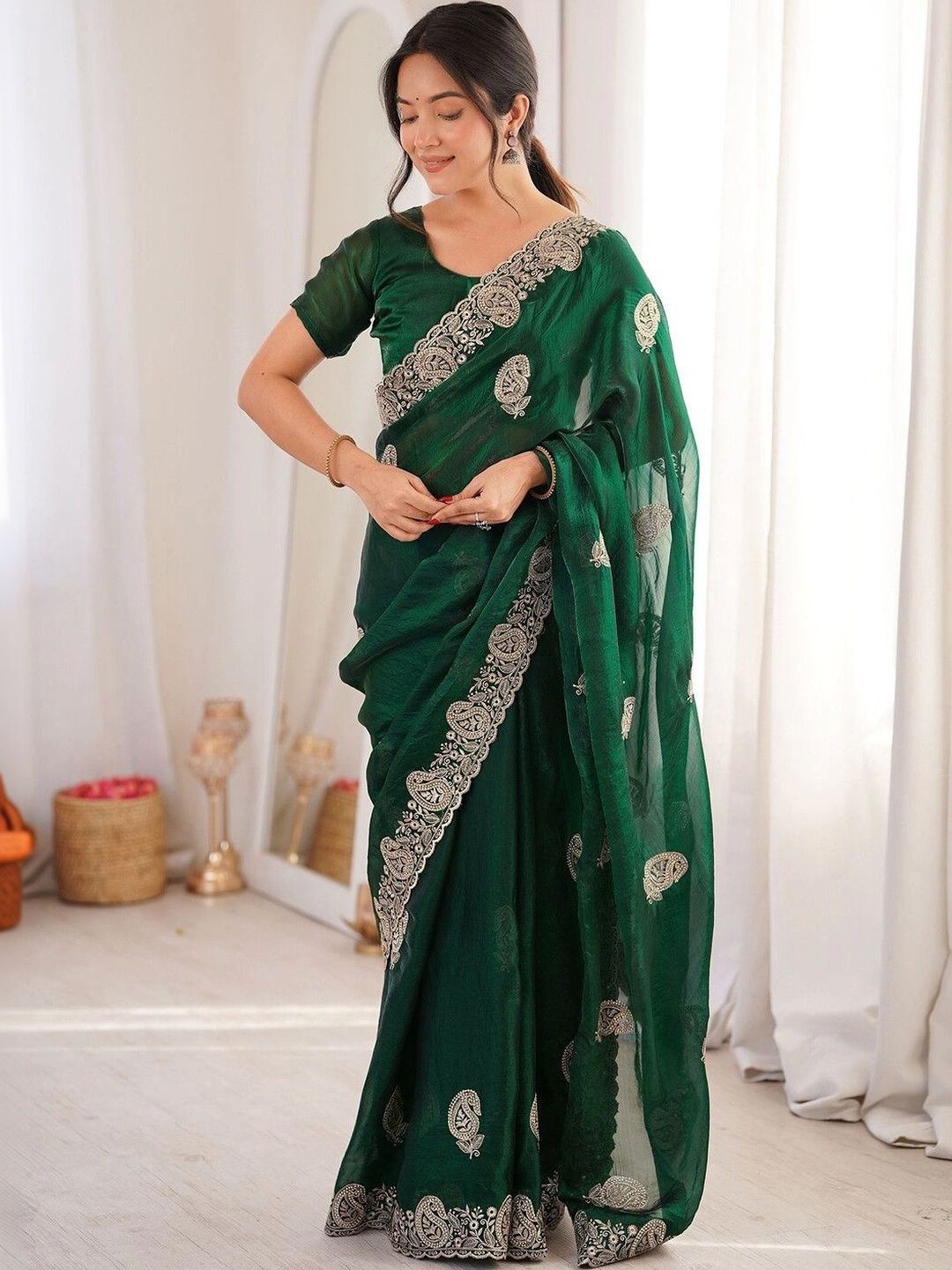 SAARA Embellished Embroidered Tissue Saree-image-16