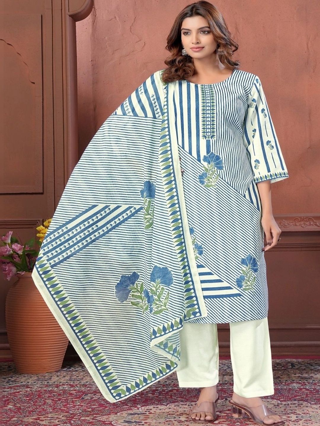 DURVE Women Printed Regular Linen Kurta with Trousers & With Dupatta-image-47