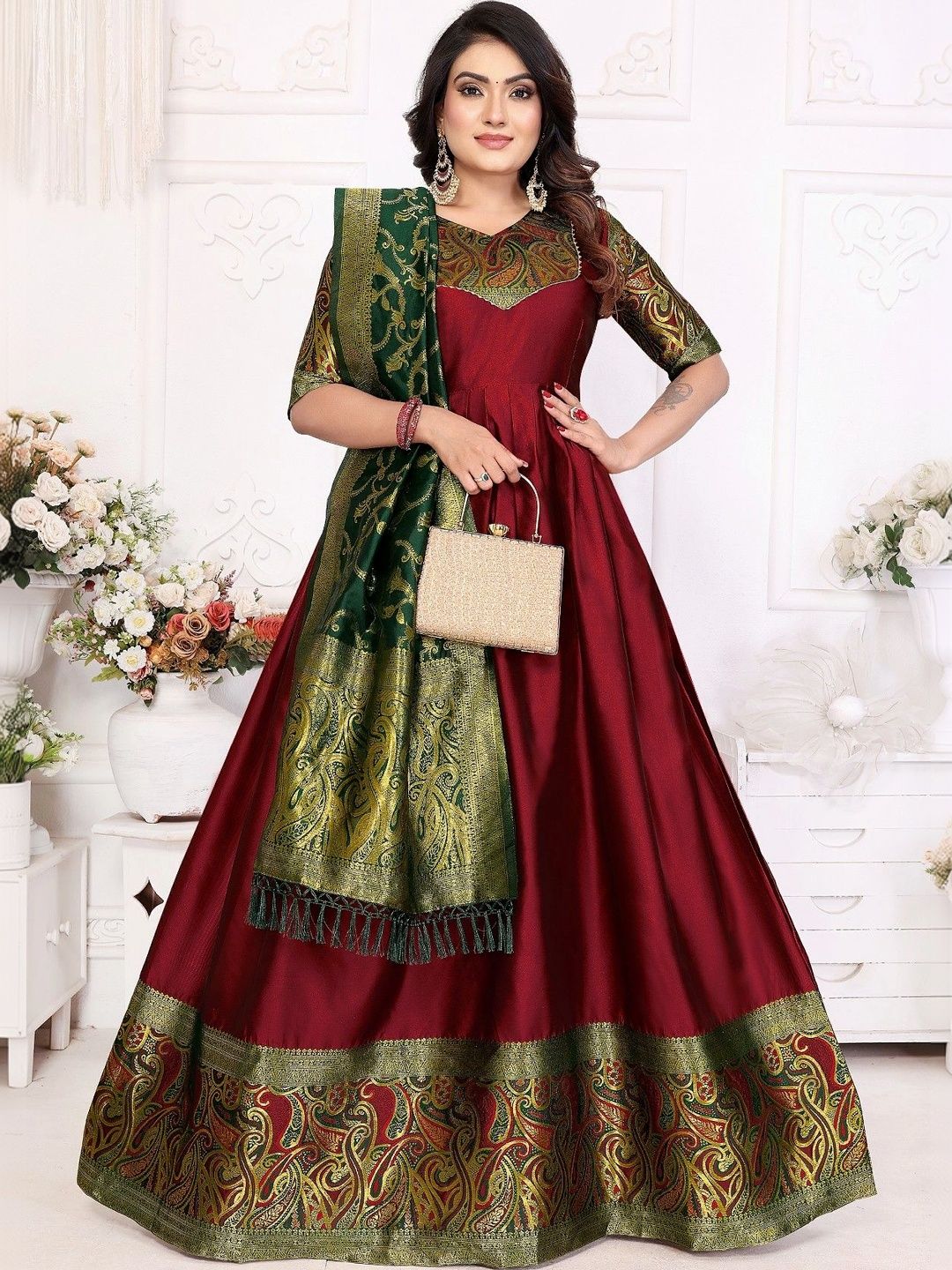 Kinjhit Fashion Woven Design V-Neck Gown Ethnic Dresses With Dupatta-picture-57