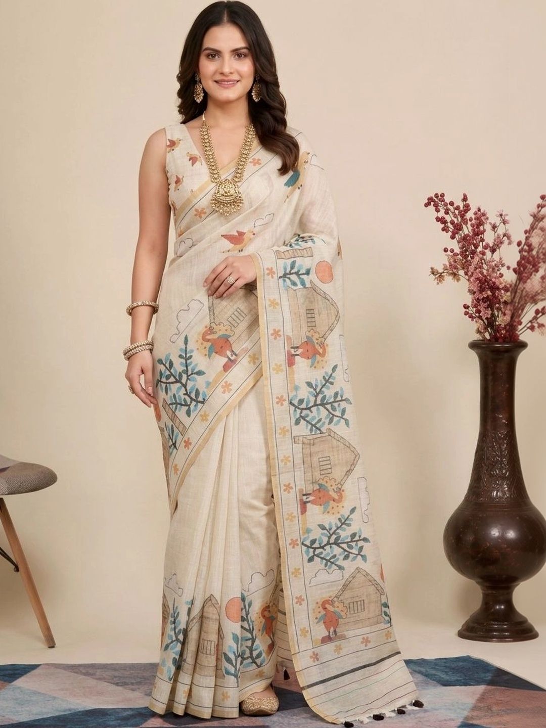 Anouk Ethnic Motifs Pure Linen Jamdani Saree-picture-20