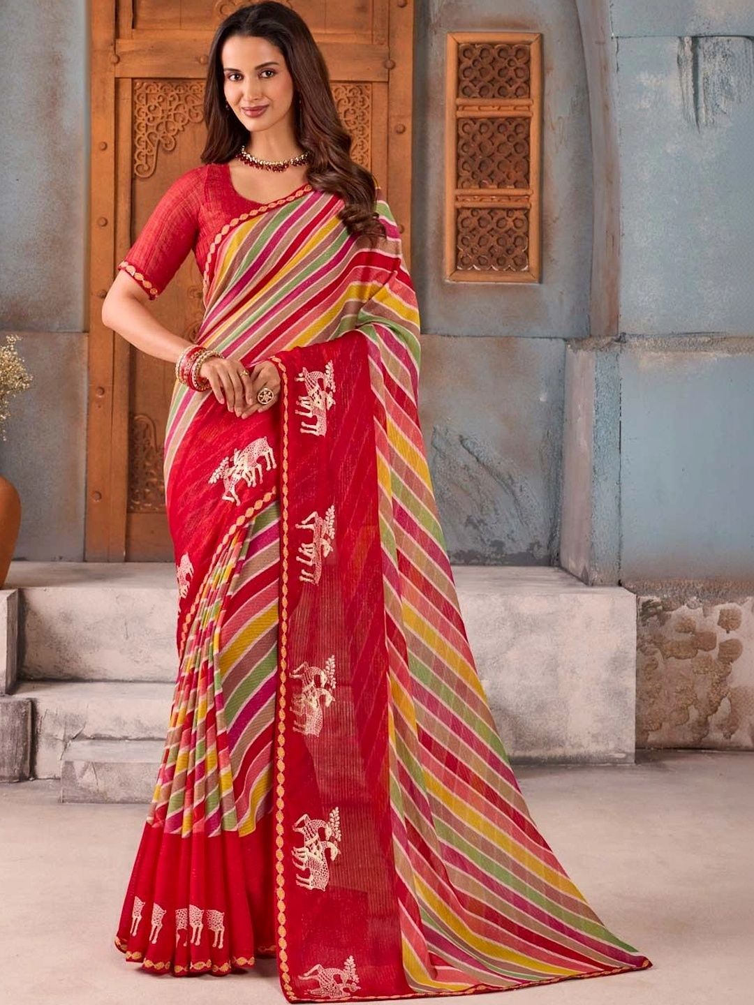Laxmipati Striped Embroidered Poly Chiffon Designer Saree-image-13