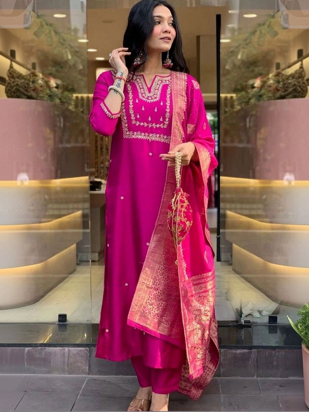 Sangria Women Ethnic Motifs Embroidered Regular Thread Work Kurta with Palazzos & With Dupatta-picture-20