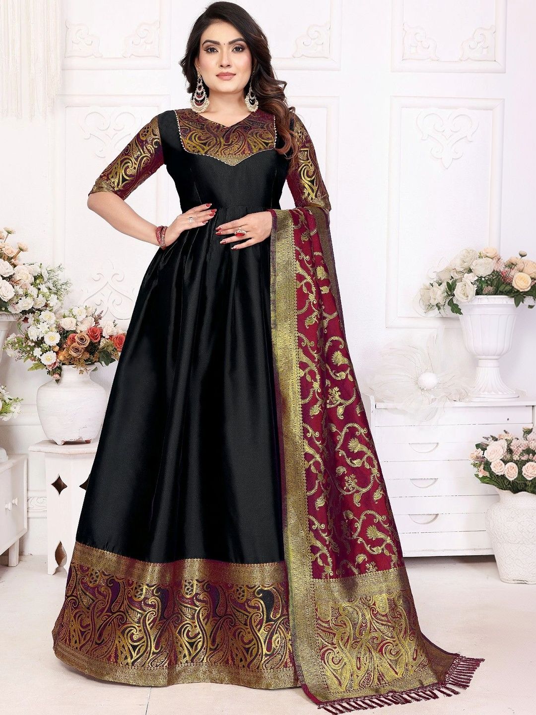 Kinjhit Fashion Woven Design V-Neck Gown Ethnic Dresses With Dupatta-picture-46
