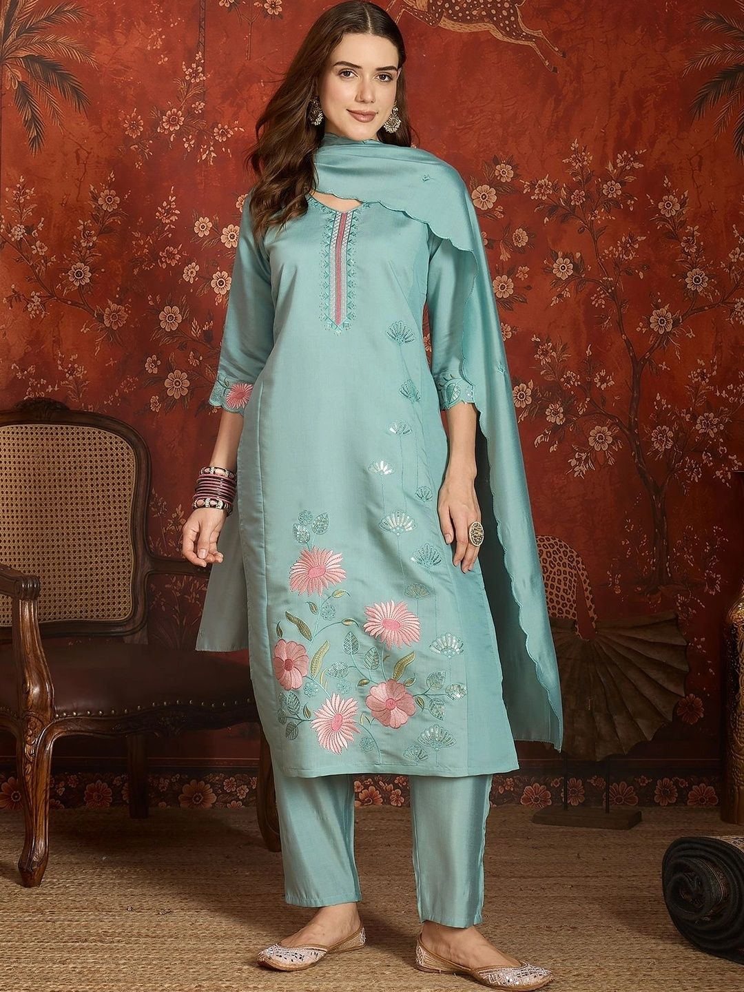MANVAA Women Floral Embroidered Regular Thread Work Kurta with Trousers & With Dupatta-picture-16