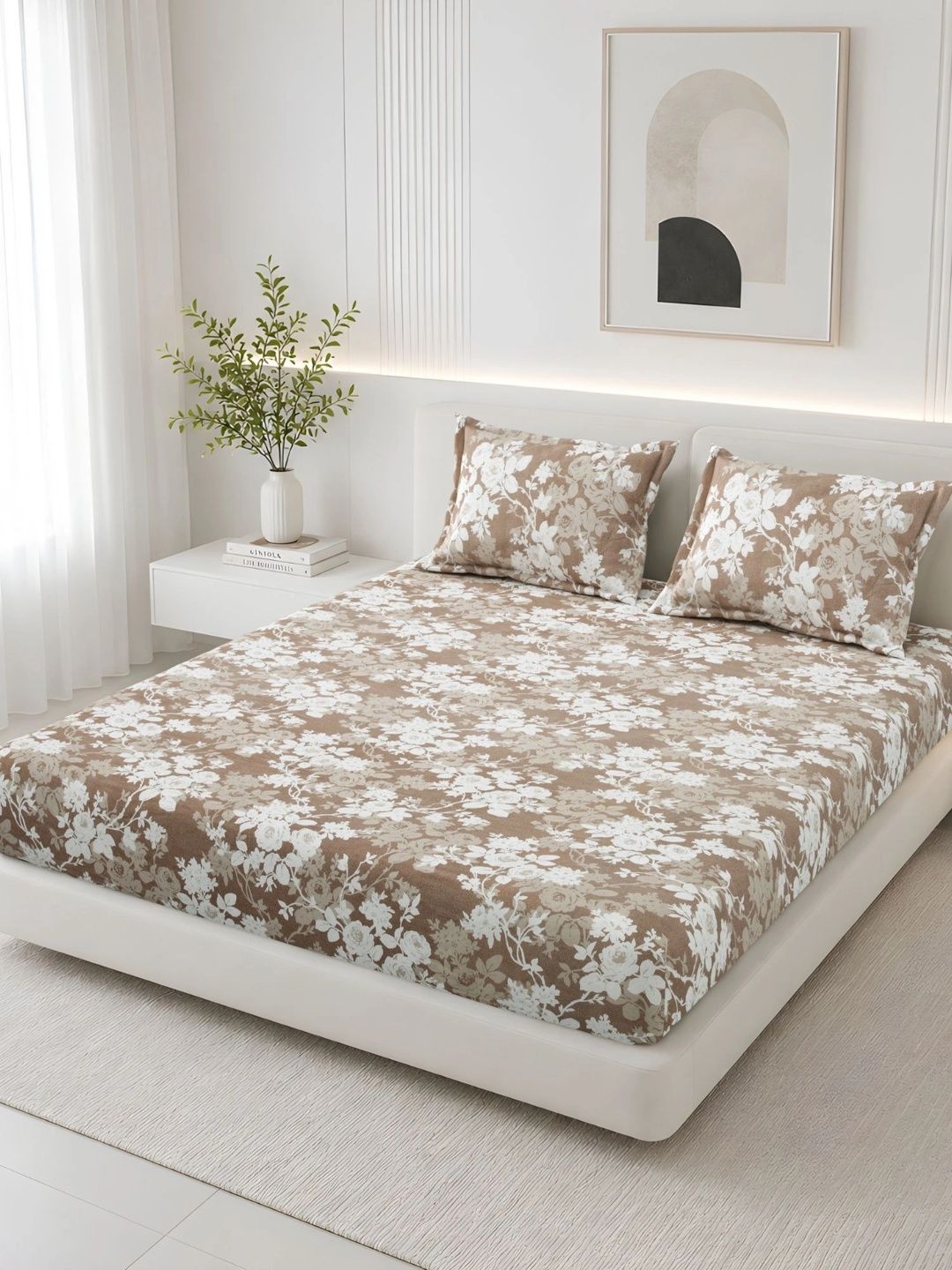 Homeful Style Brown & White Floral 120 TC Queen Bedsheet with 2 Pillow Covers-picture-30