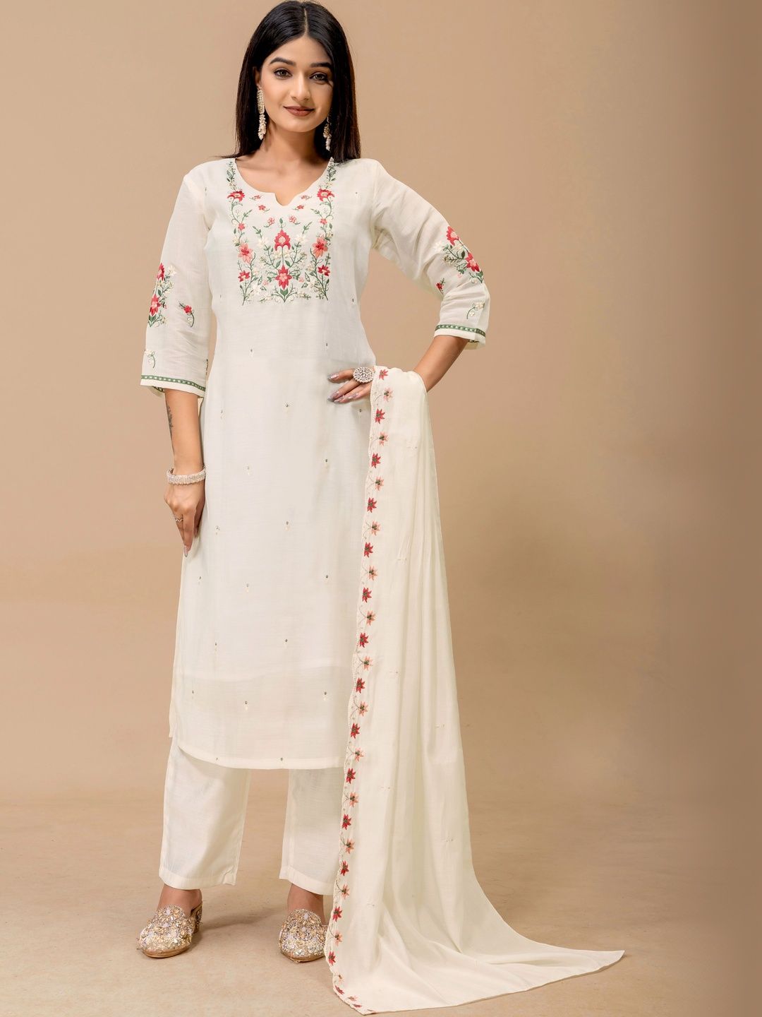 HERE&NOW Women Floral Embroidered Regular Thread Work Kurta with Trousers & With Dupatta-picture-19