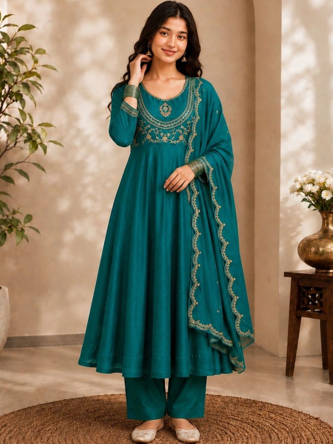 CurlyTales Girls Ethnic Motifs Embroidered Empire Thread Work Pure Silk Kurta with Trousers & With Dupatta-picture-11