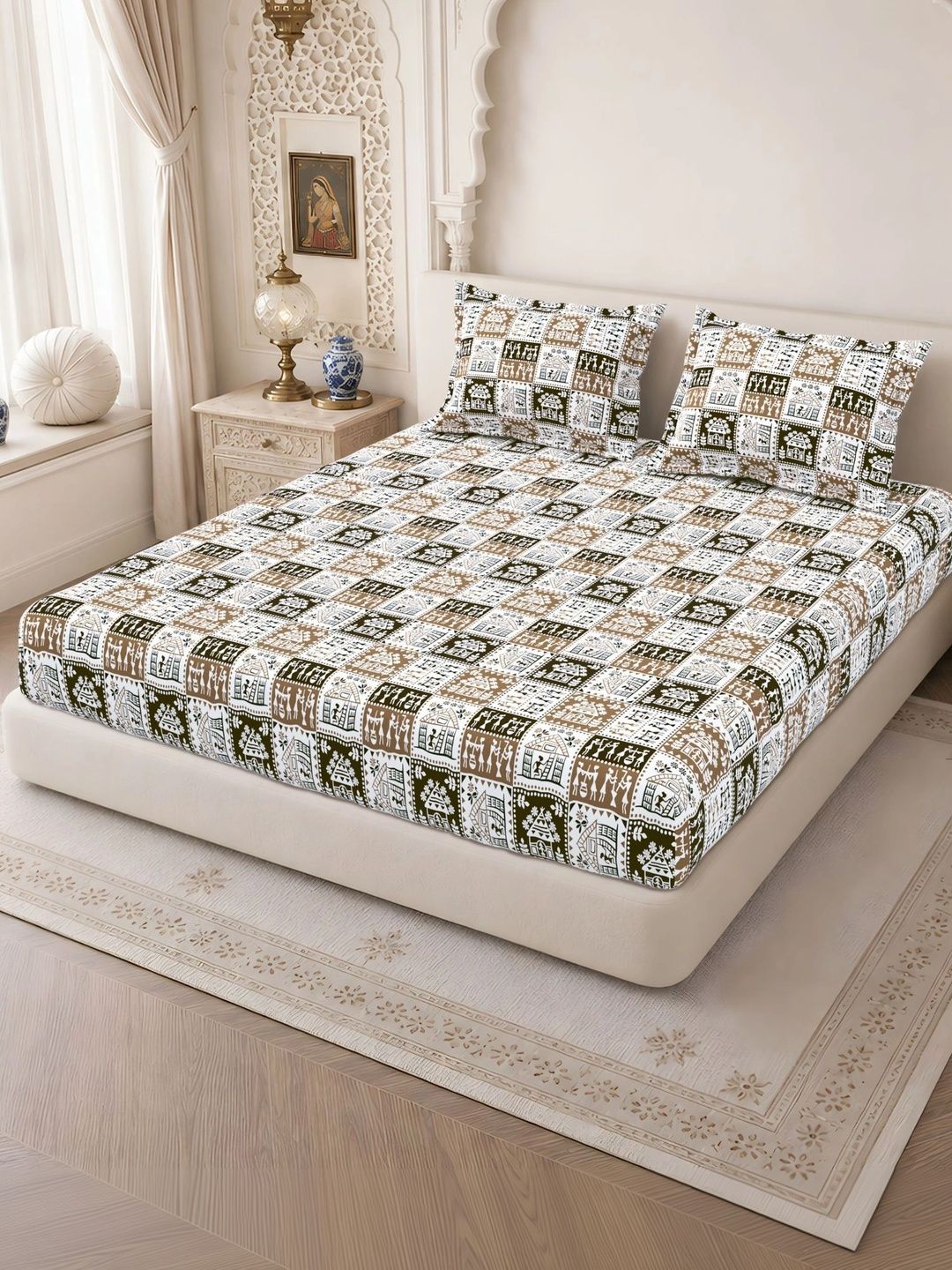 Homeful Style Brown & White 160 TC King Bedsheet with 2 Pillow Covers-picture-19