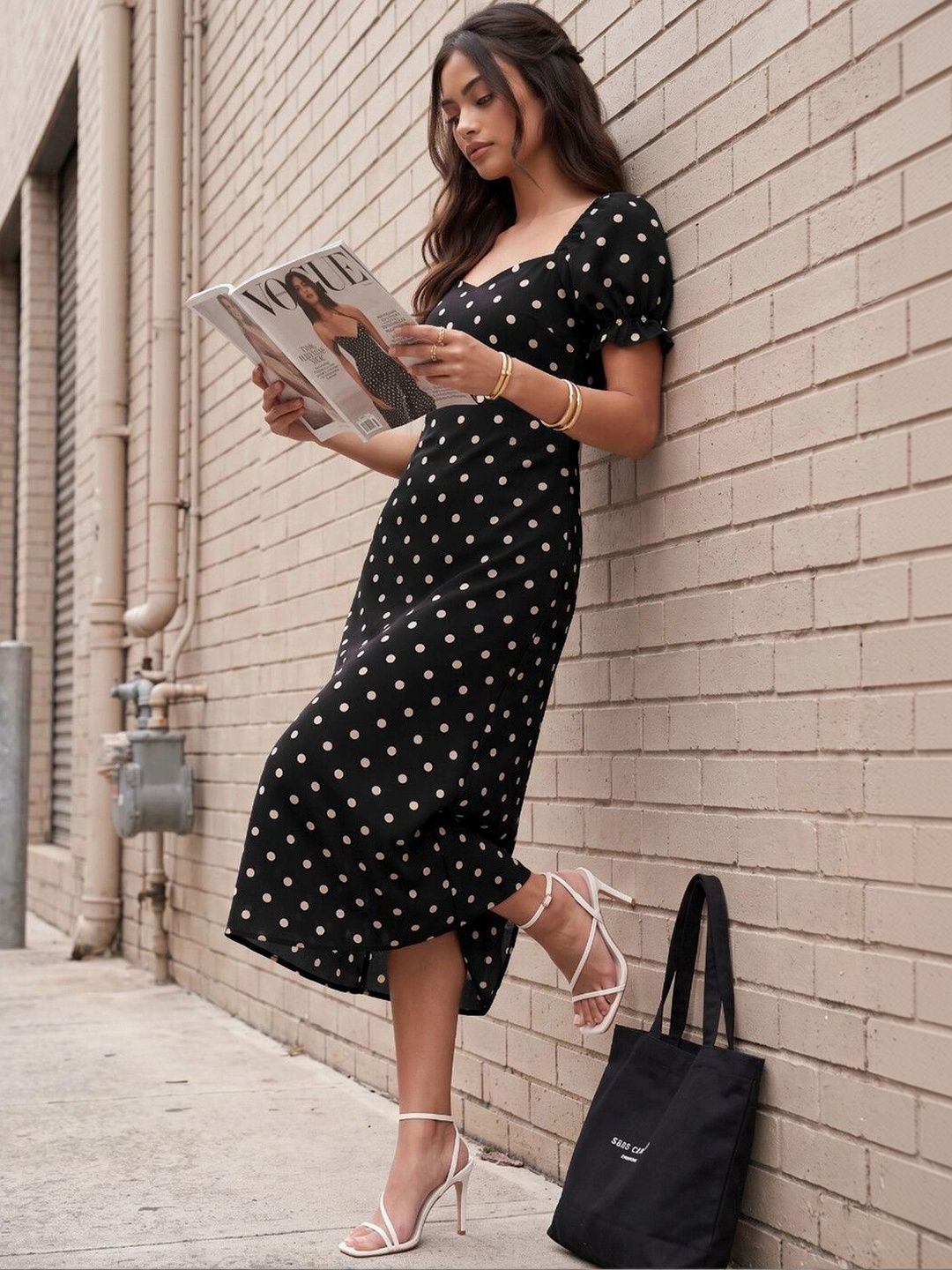 glitchez Polka Dot Print Puff Sleeve Ruffled A-Line Midi Dress-image-44
