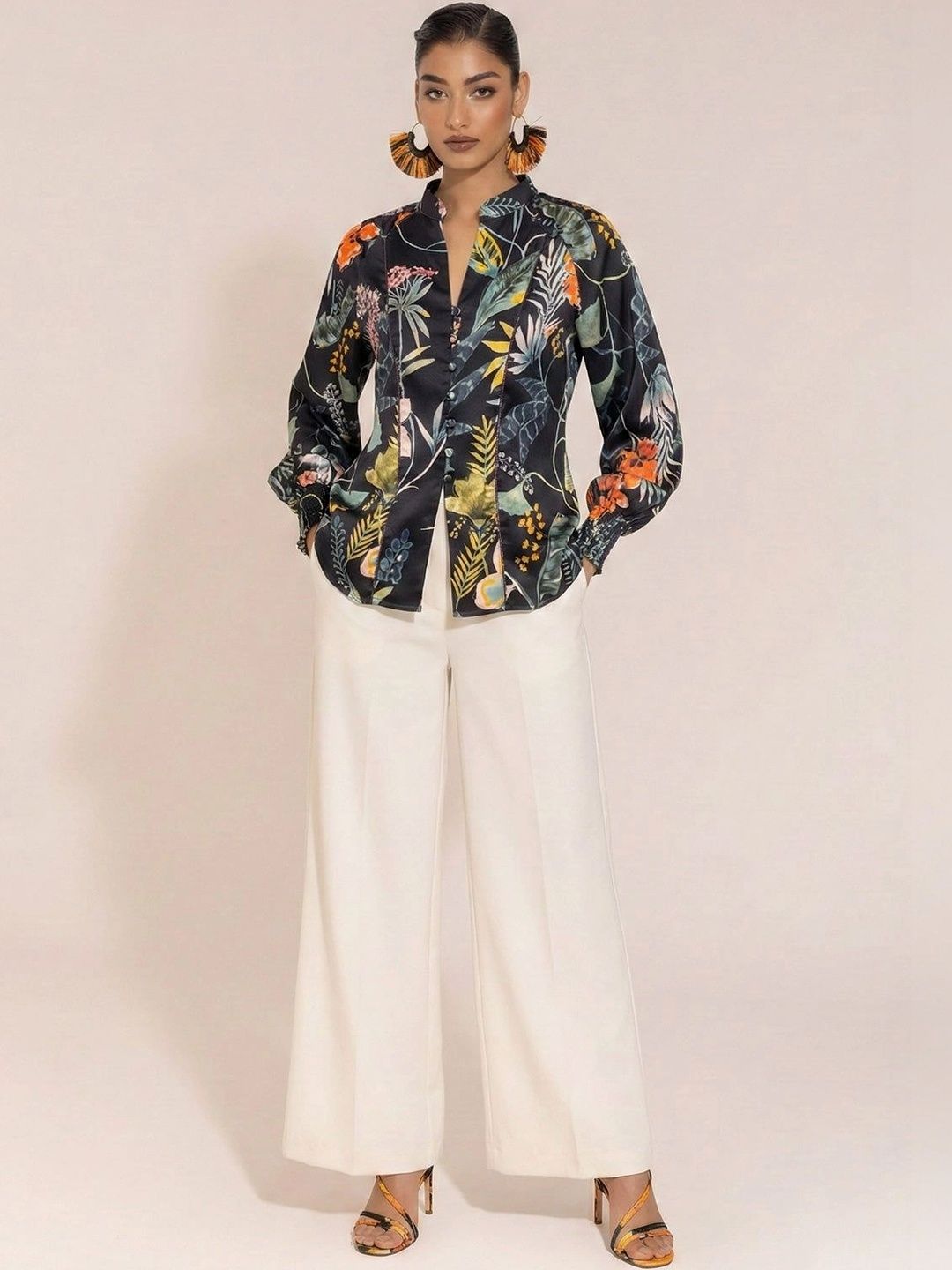 SHECZZAR Tropical Print Mandarin Collar Tropical Satin Top-picture-24
