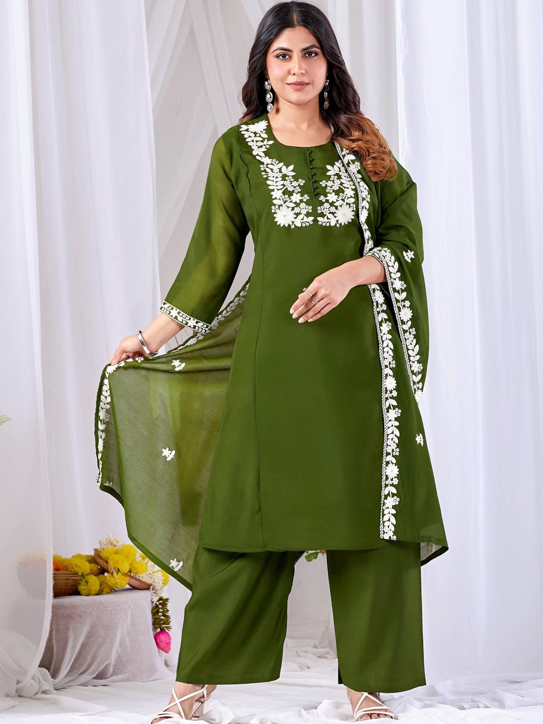 MANVAA Women Floral Embroidered Regular Thread Work Kurta with Palazzos & With Dupatta-picture-10