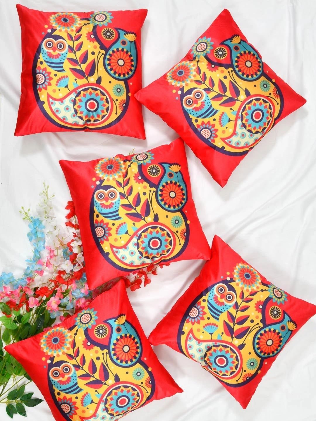 Myntra Elegant Homes Red & Multicoloured Set of 5 Square Cushion Covers-image-48