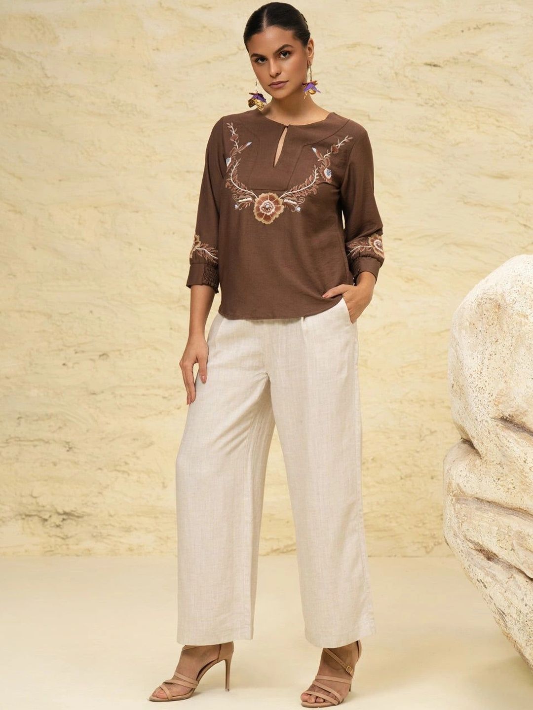 SHECZZAR Floral Embroidered Keyhole Neck Linen Top-picture-31