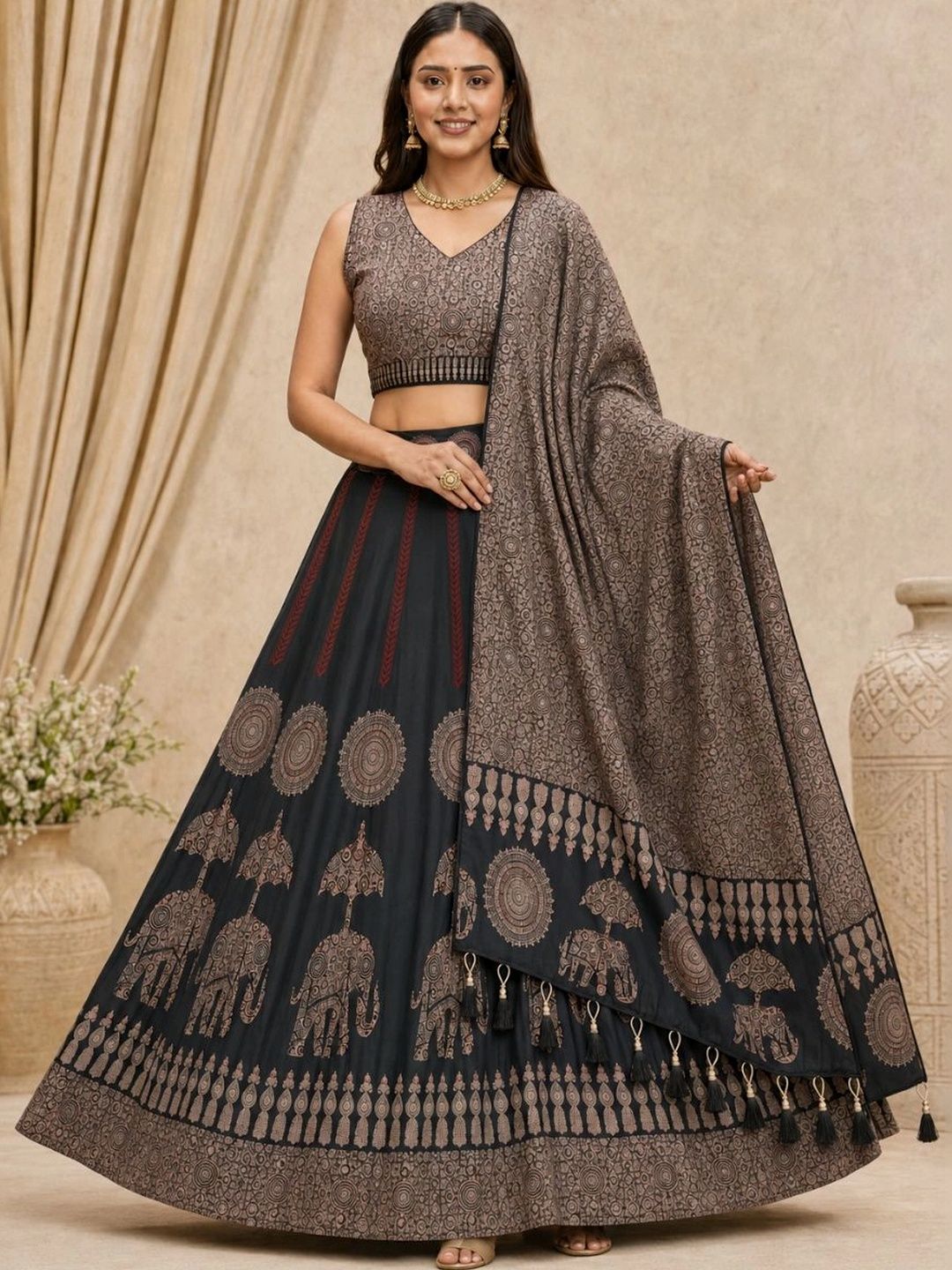 KAHIRAA WHOLETEX Printed Block Print Semi-Stitched Lehenga & Unstitched Blouse With Dupatta-image-4
