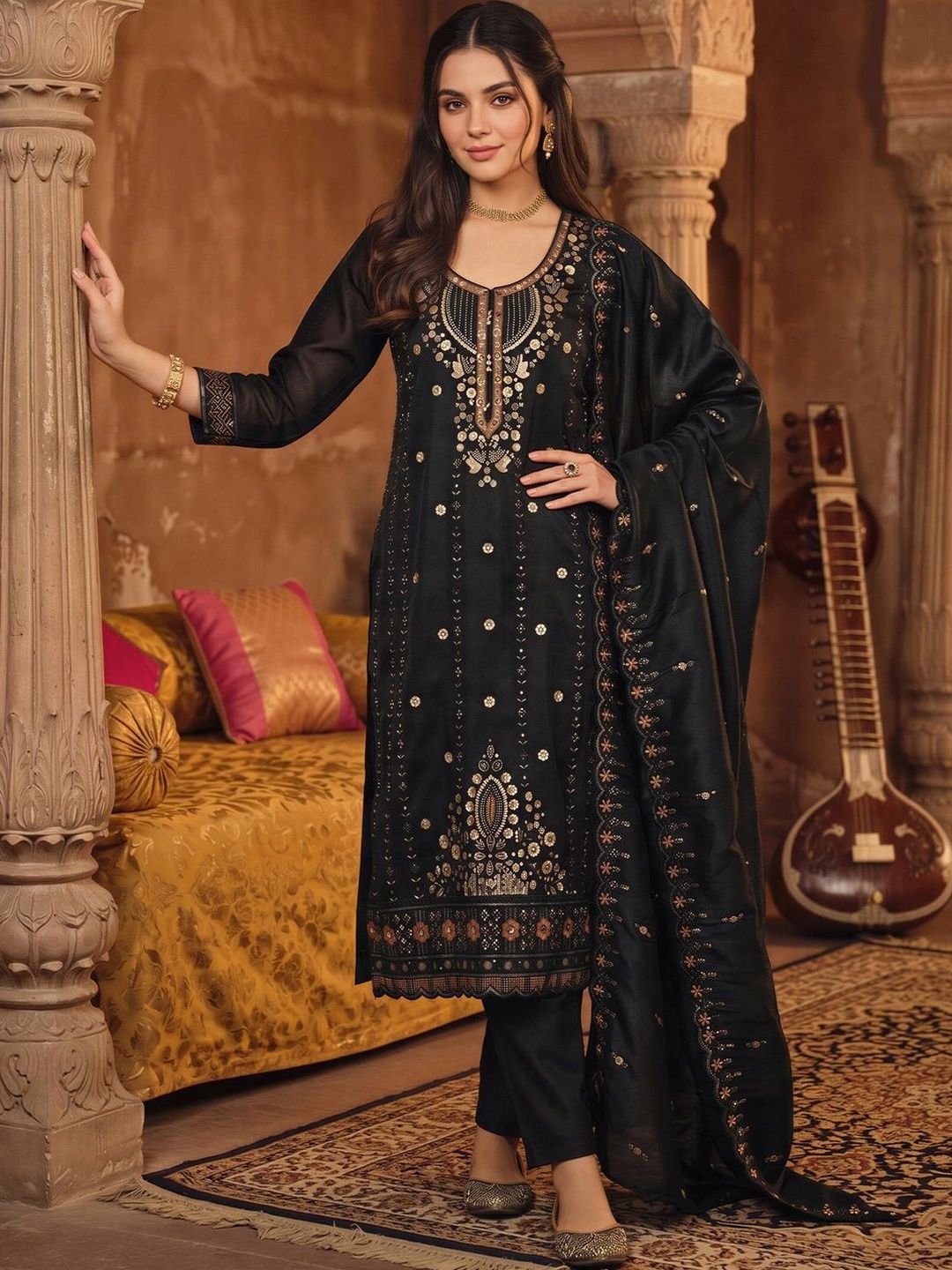 Indo Era Women Ethnic Motifs Embroidered Regular Kurta with Trousers & With Dupatta-picture-40