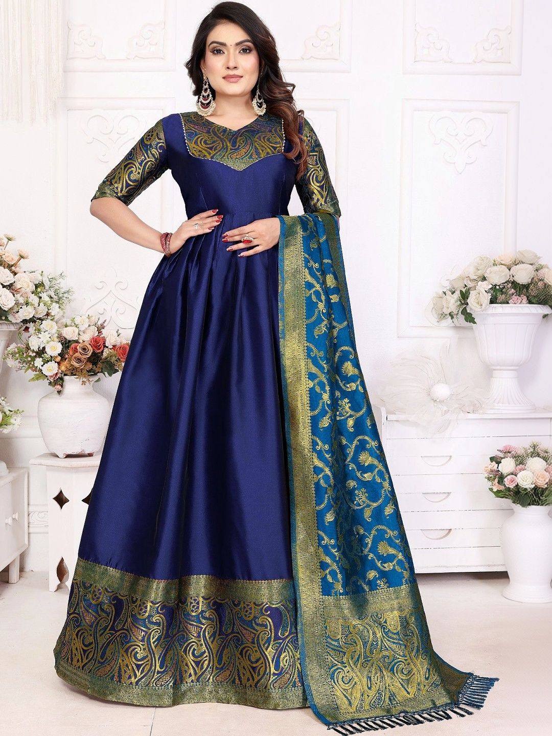 Kinjhit Fashion Woven Design V-Neck Gown Ethnic Dresses With Dupatta-image-27