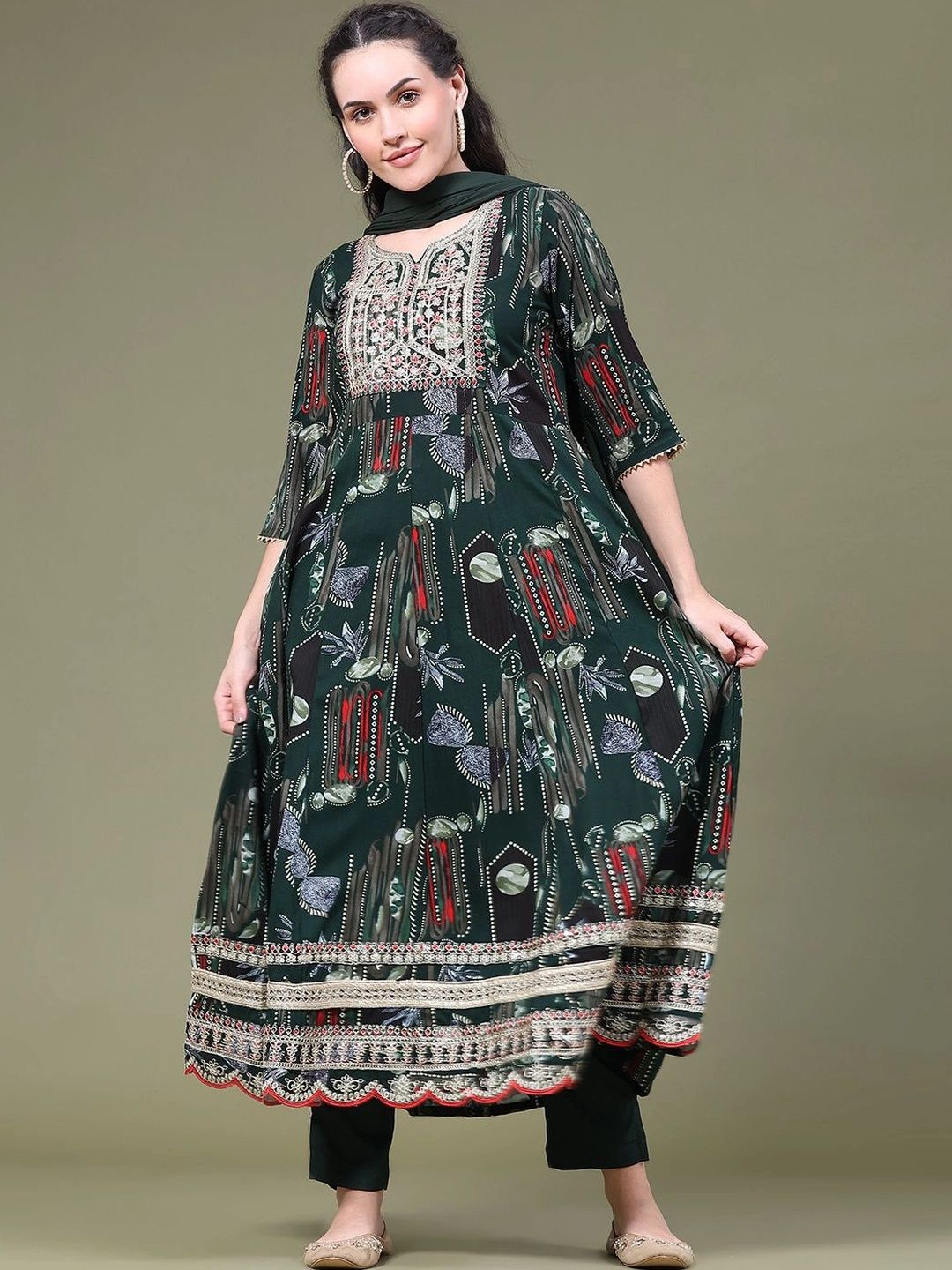 V-Mart Women Ethnic Motifs Printed Regular Thread Work Kurta with Trousers & With Dupatta-picture-38