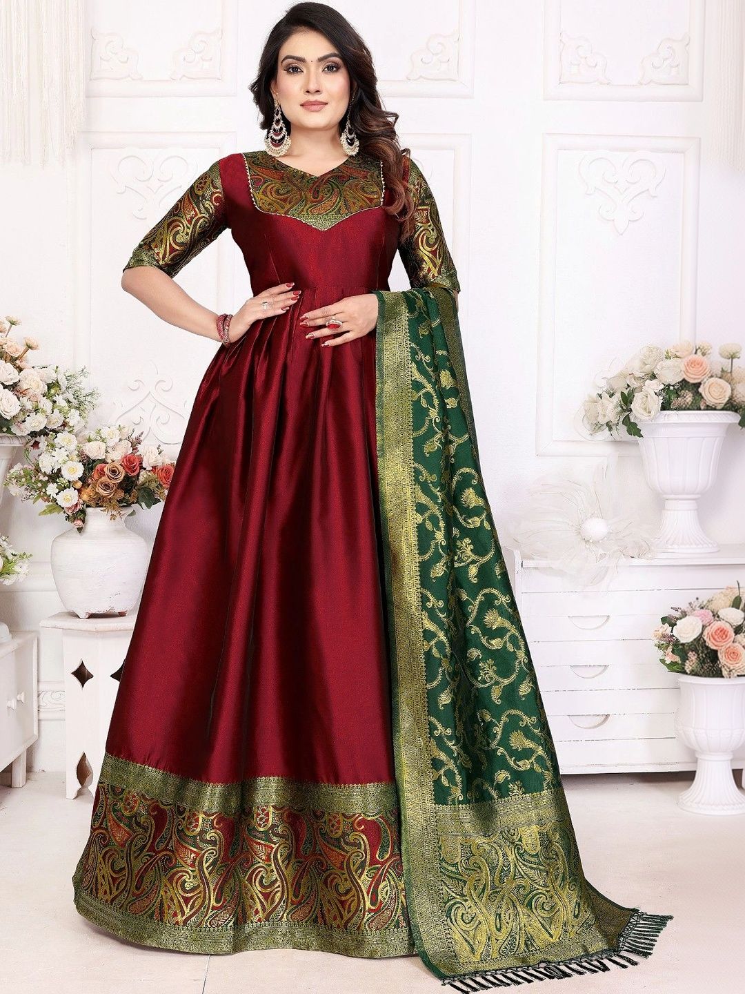 Kinjhit Fashion Woven Design V-Neck Gown Ethnic Dresses With Dupatta-picture-45