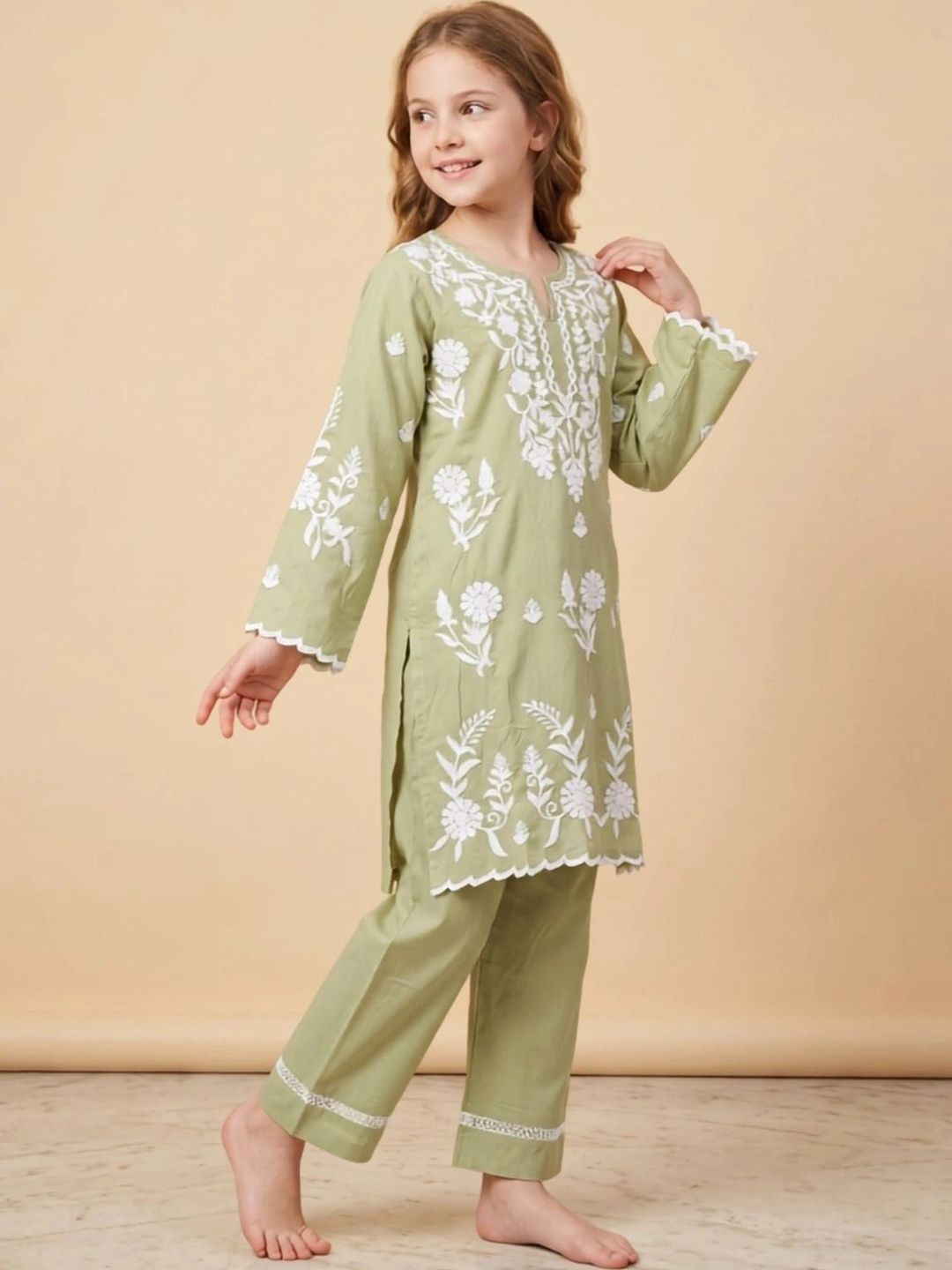 HOUSE OF IQF Girls Floral Embroidered Regular Chikankari Pure Cotton Kurta with Trousers-picture-17