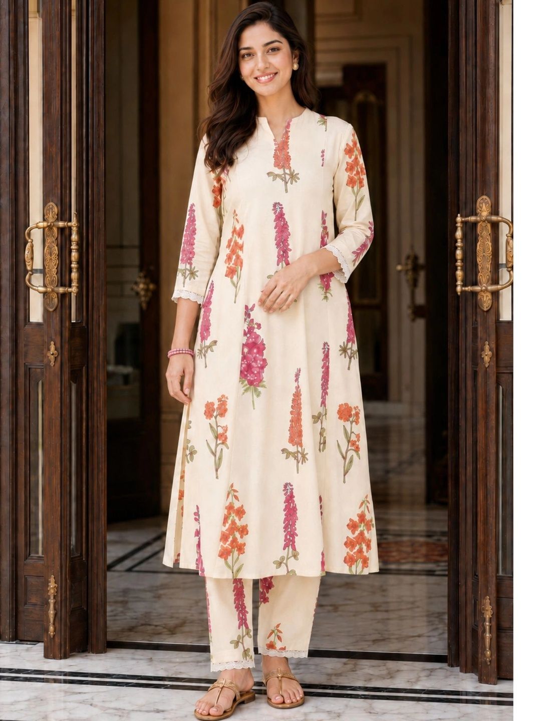 Sangria Women Floral Printed Regular Pure Cotton Kurta with Trousers-picture-30