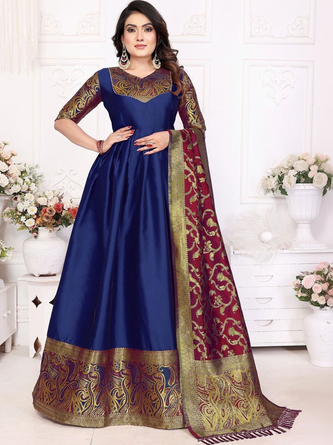 Kinjhit Fashion Woven Design V-Neck Gown Ethnic Dresses With Dupatta-image-34