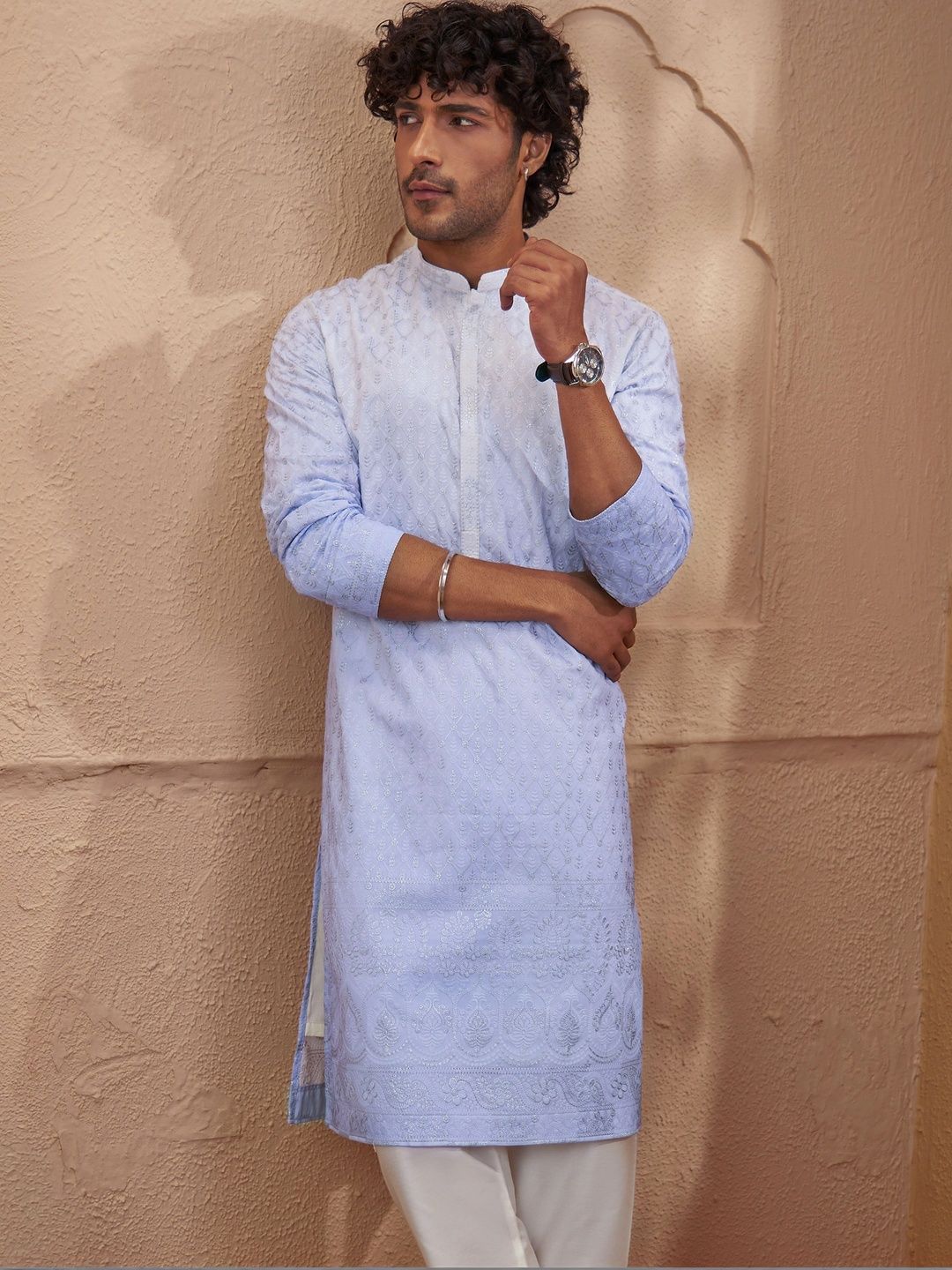 VASTRAMAY Men Ethnic Motifs Embroidered Chikankari Kurta-picture-18