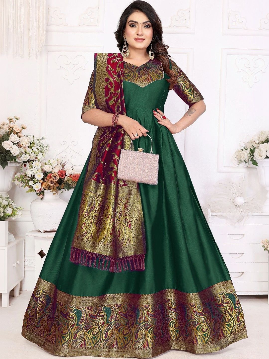 Kinjhit Fashion Woven Design Jacquard Ethnic Gown with Dupatta-picture-29