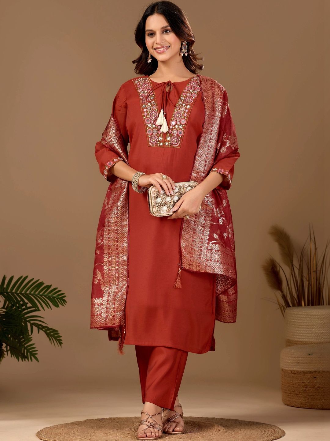 Maroosh Women Ethnic Motifs Embroidered Regular Mirror Work Chanderi Cotton Kurta with Trousers & With-picture-16