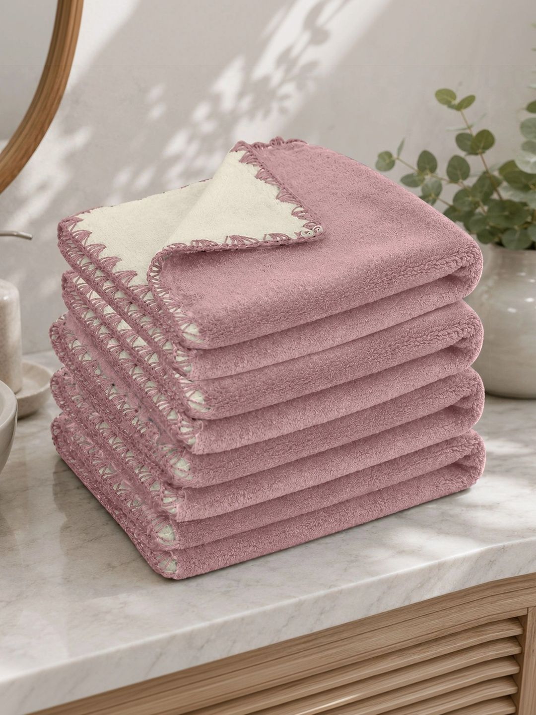 HOUSSE 4-Pcs Pink 450 GSM Reversible Face Towels-picture-23