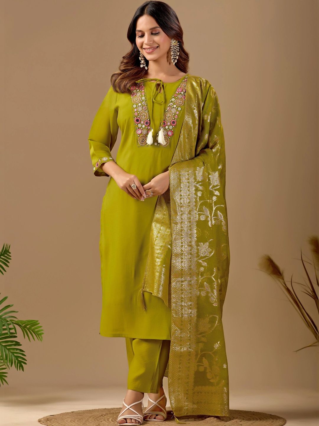MANVAA Women Floral Embroidered Regular Thread Work Chanderi Cotton Kurta with Trousers & With Dupatta-picture-34
