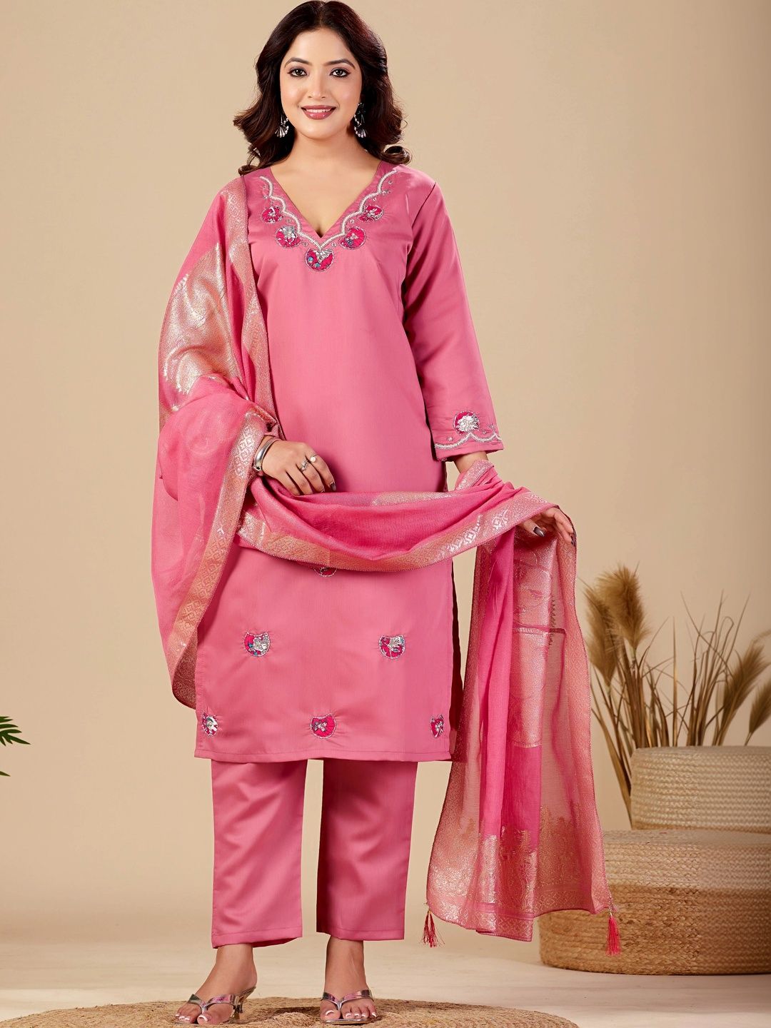 MANVAA Women Ethnic Motifs Embroidered Regular Thread Work Kurta with Trousers & With Dupatta-picture-30