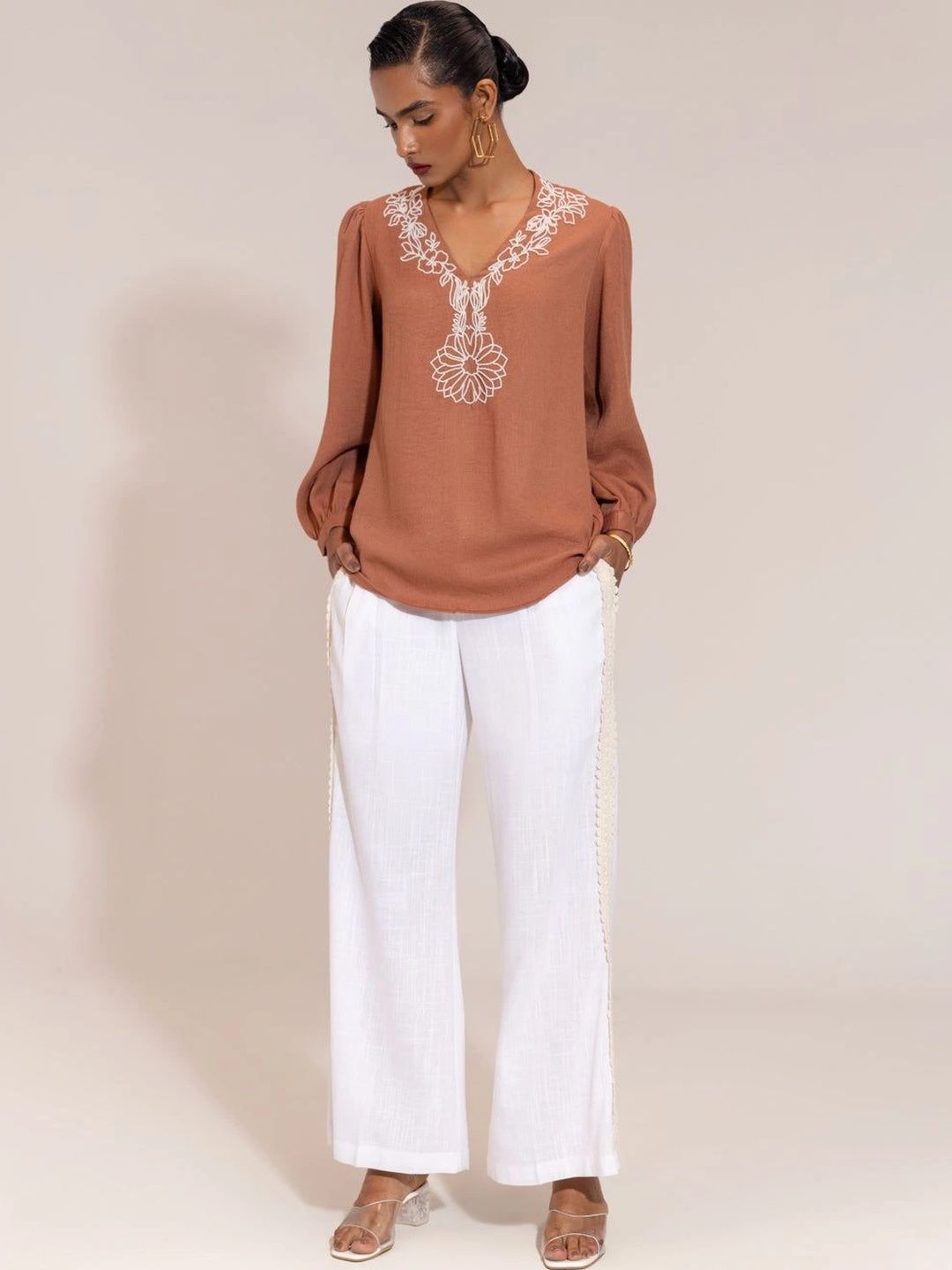 SHECZZAR Floral Embroidered Puff Sleeve Linen Top-picture-49