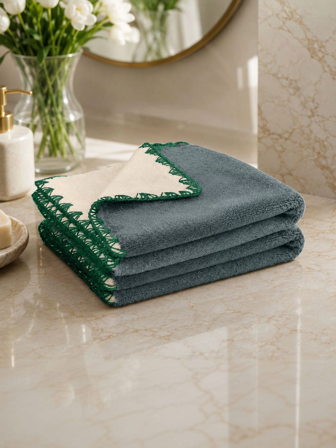 HOUSSE 2-Pcs Grey & Cream Color Reversible Hand Towels-image-7
