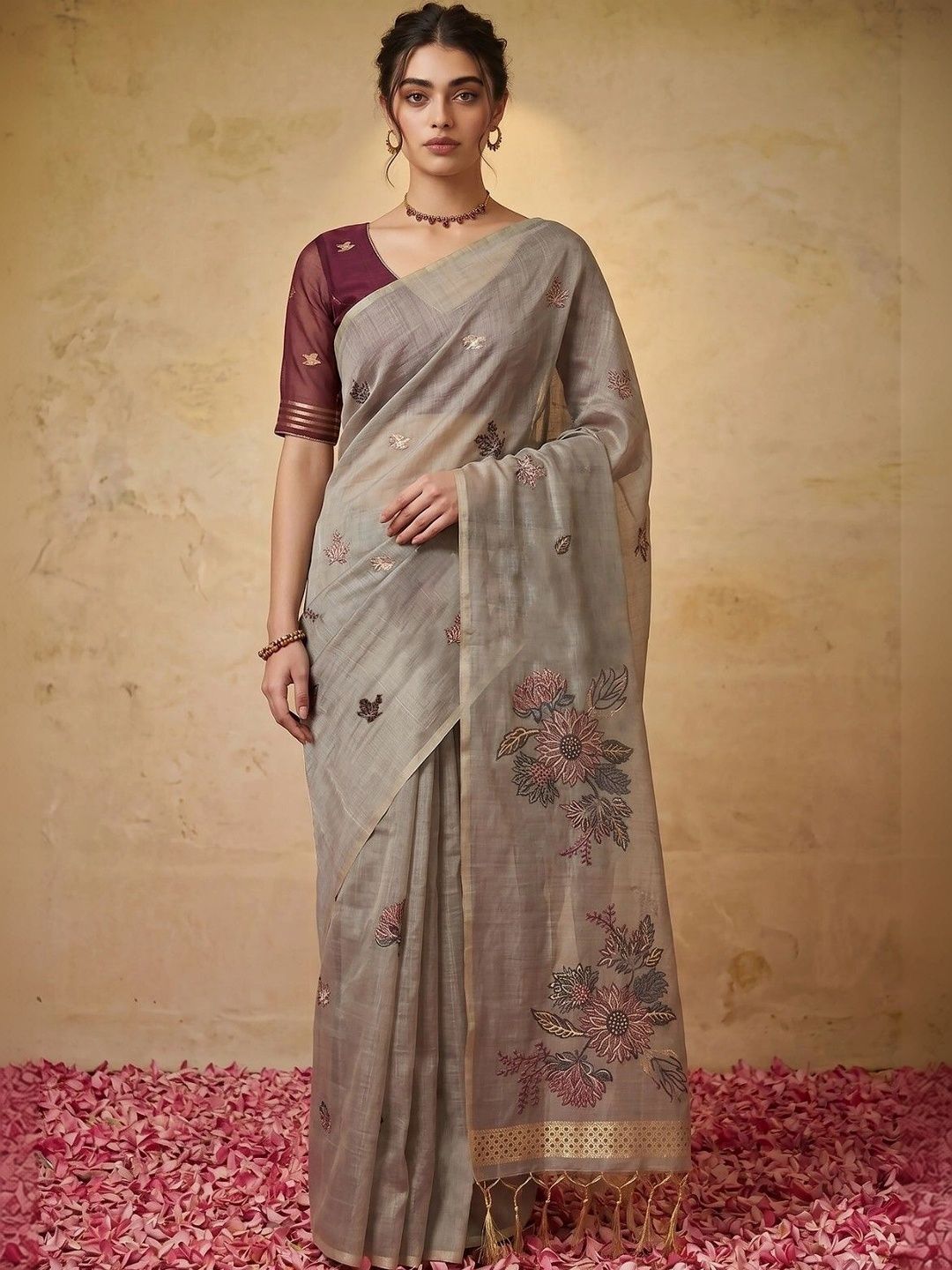 LABEL AARNA Woven Design Embroidered Handloom Jamdani Saree-image-47
