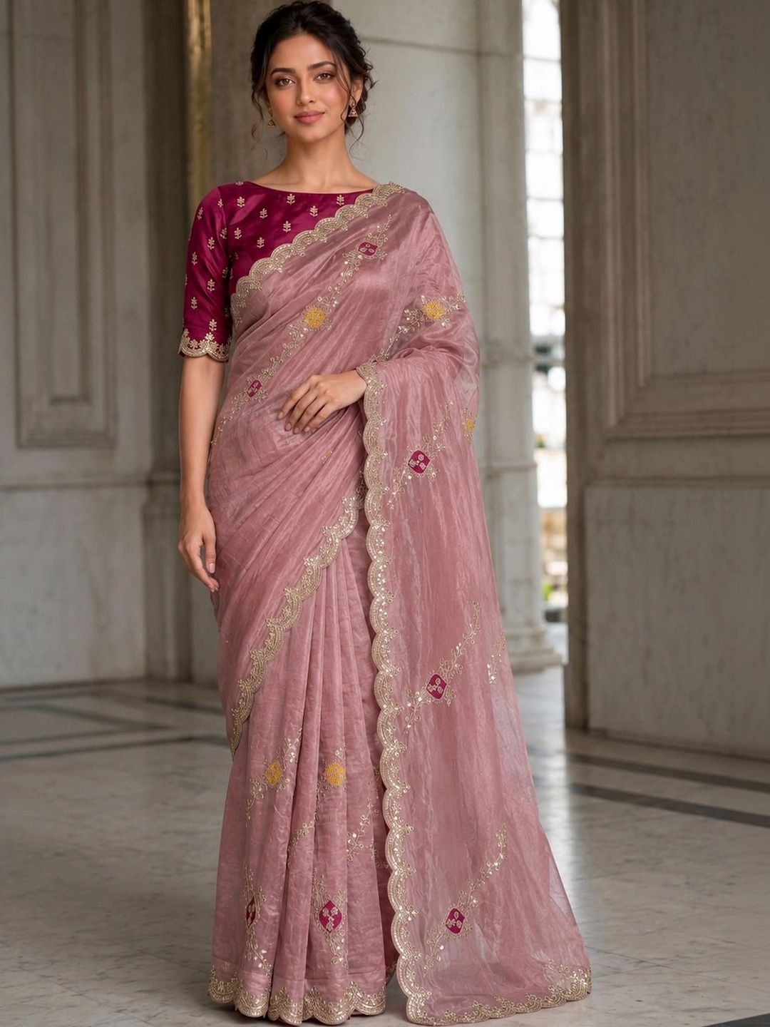 Anouk Floral Embroidered Satin Saree-picture-29