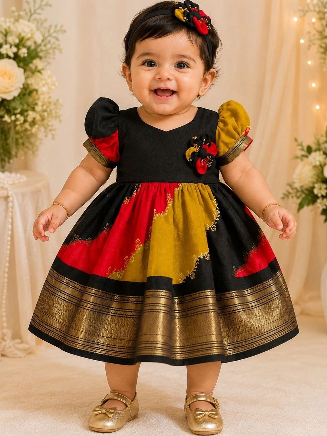 Babypattu Infant Girls Colourblocked Pure Cotton V-Neck Fit & Flare Ethnic Dresses-image-45